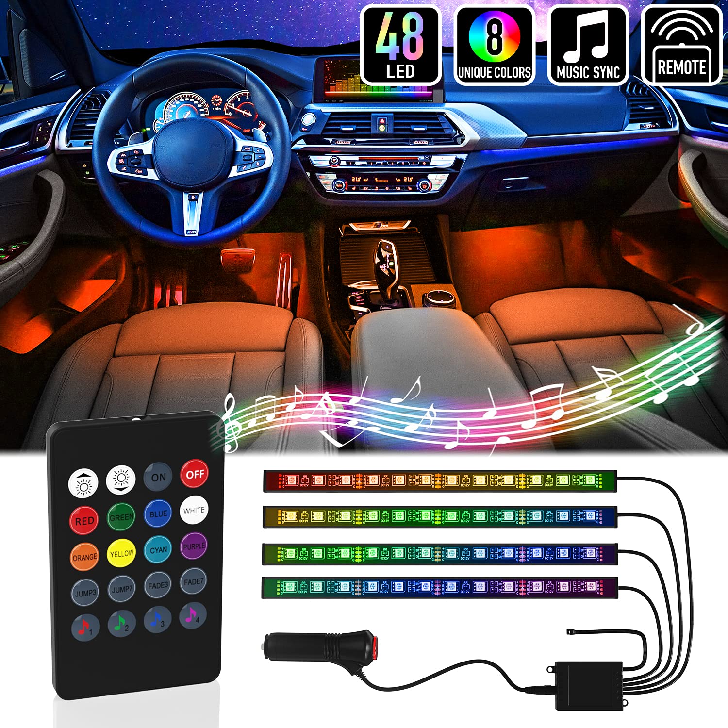 Éclairage intérieur de voiture, 3 modes Projecteur Veilleuse Romantique RGB  Voiture Led Lumières Contrôle sonore Intérieur Lampe d'ambiance