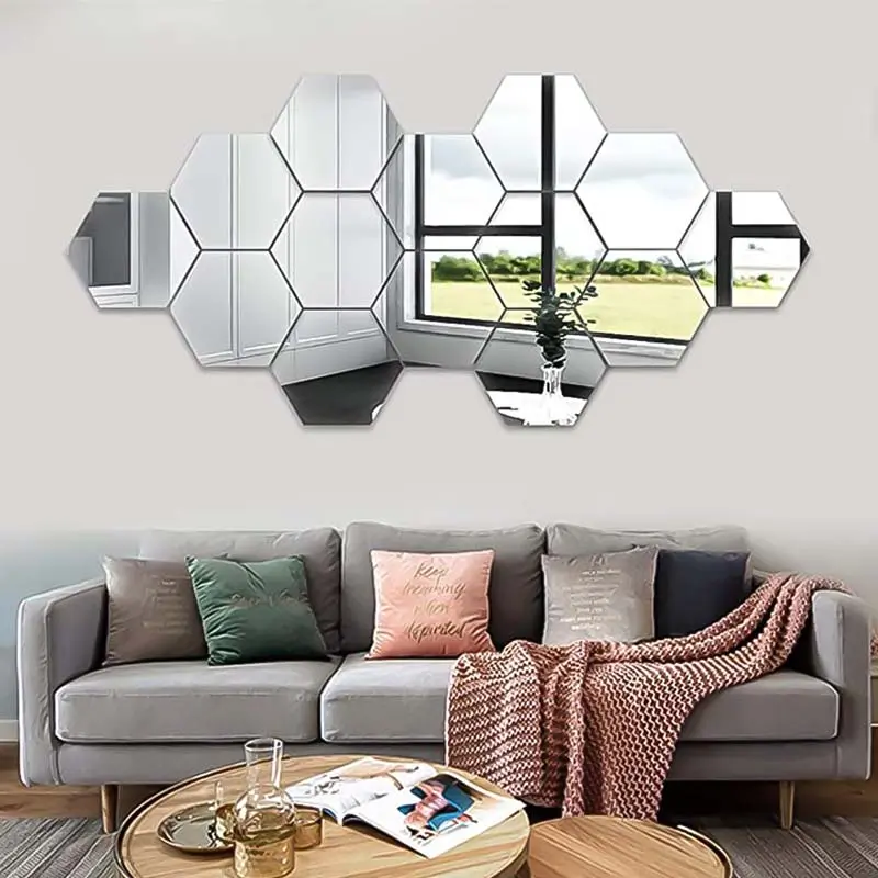 Pack 12 Pcs Miroirs muraux décoratifs hexagonaux 3D