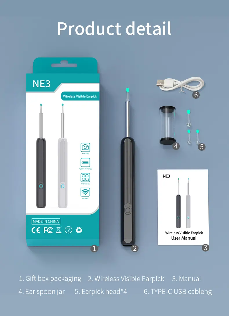NATFIRE – Kit de nettoyage des oreilles NE3, 1296P, bâtonnets pour oreilles  intelligents, outil d'élimination de la cire, sans fil, avec caméra,  lumière LED