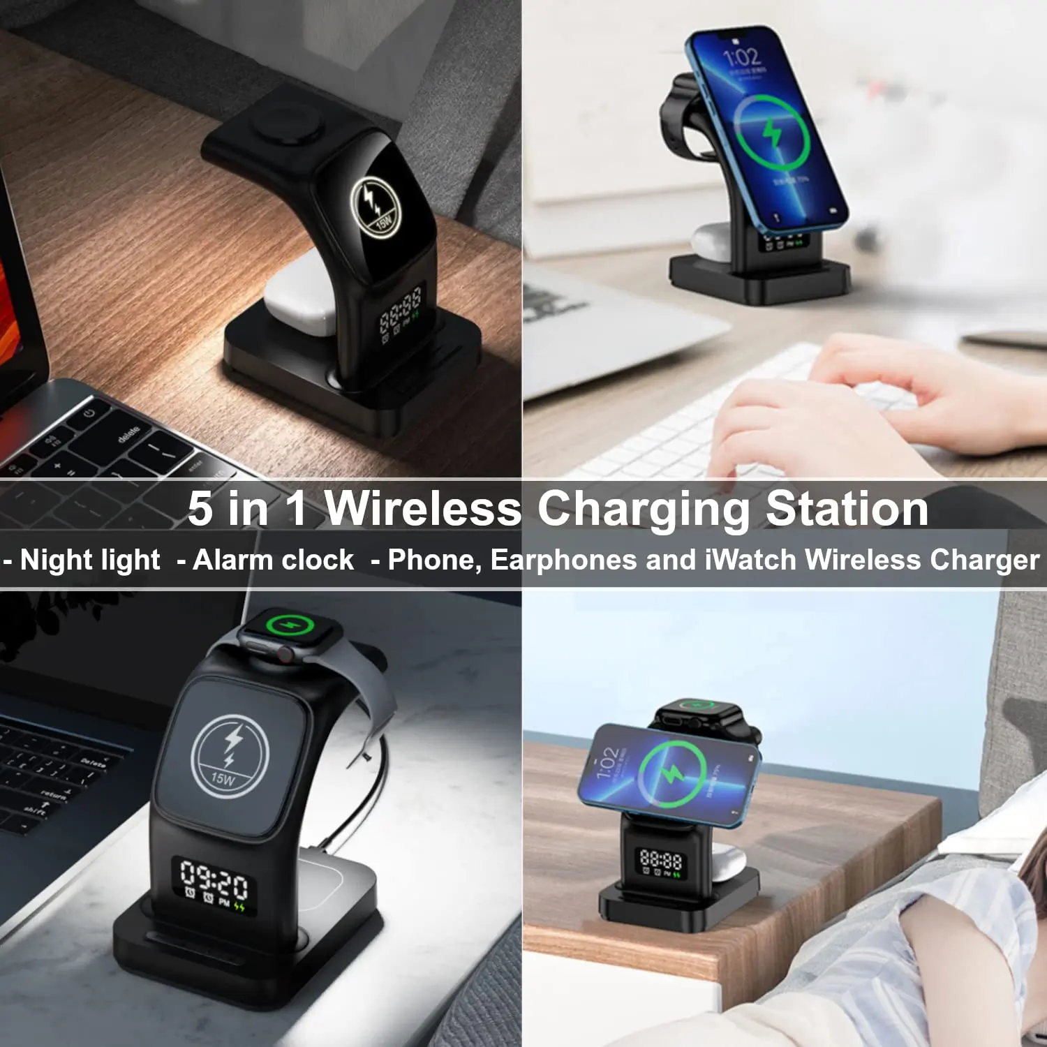 Station de charge 5 en 1 sans fil pour iPhone, Airpods, Apple Watch, Stylet  avec Lampe de Chevet – Evetane