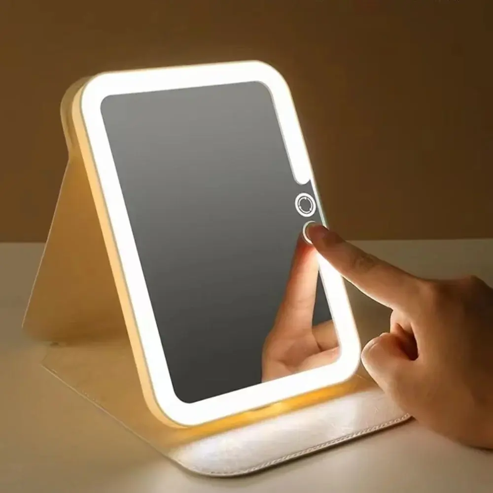 Miroir de maquillage LED avec lumière Rechargeable à commande tactile,  carré en cuir PU Portable pliable - Letshop.dz